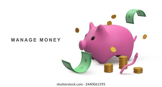 3D Realistic Piggy Money bank  and pile gold coins and paper green dollars. Vector illustration.