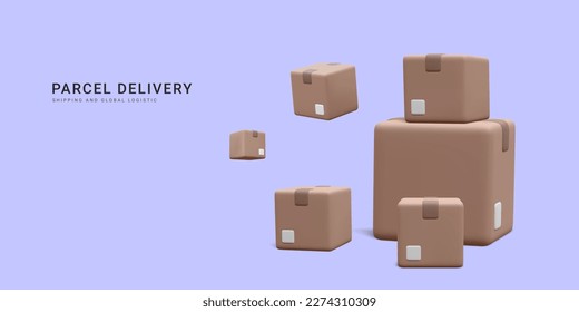 3d realistic pile of cardboard boxes for fast shipping banner. Concept for fast delivery service. Vector illustration