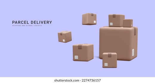 3d-realistischer Stapel Kartonboxen für schnellen Versandbanner. Konzept für einen schnellen Lieferservice. Vektorgrafik