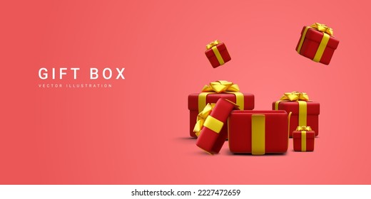 3d realistic pile red gifts boxes with gold ribbon. Decorative festive objects. New Year and Christmas design banner. Vector illustration