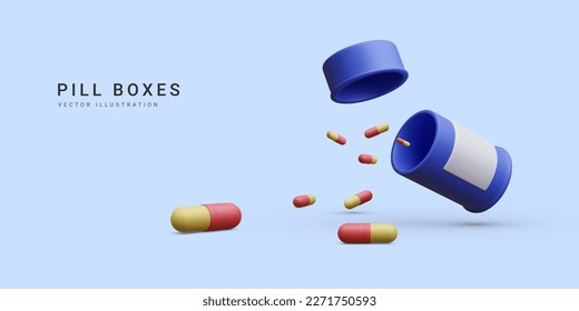 3d realistic pill bottle with flying treatment medication capsule pills isolated on white background. Health care concept banner for pharmacy. Vector illustration