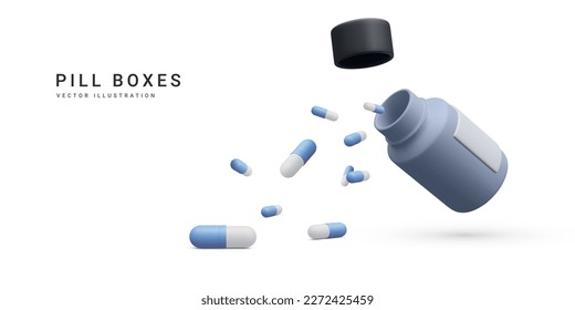 3d realistic pill bottle with flying treatment medication capsule pills isolated on white background. Health care concept banner for pharmacy. Vector illustration