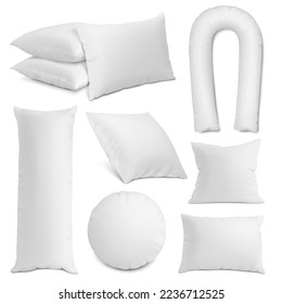 3d realistic pillow white mockup. Cervical pillows relaxation, orthopedics neck 3d cushion. Night sleep bed pithy accessories vector collection