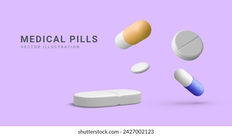 Píldoras realistas 3d en posición diferente sobre fondo azul. Cartel médico, cartel publicitario para hospital, farmacias o empresa farmacéutica. Ilustración de vector