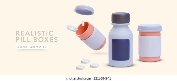 3d realistic pills and medicine boxes isolated on yellow background. Vector illustration