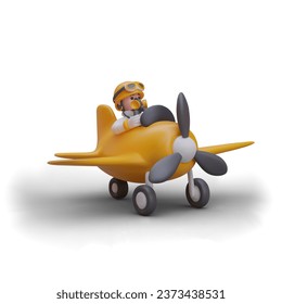 3d realistic pilot sitting in yellow airplane and ready for flight. 3d game concept. Airplane control game. Vector illustration in yellow colors with place for text
