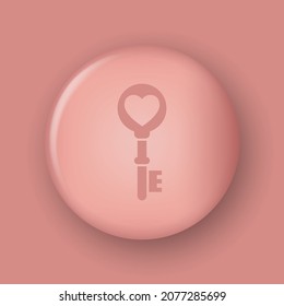 3d realistic pin round button in pink pastel colors with love key image. Vector isolated illustration, Valentine’s icon