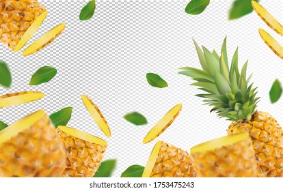 3D realistic pineapple with green leaf. Fresh pineapple in motion. Beautiful pineapple background. Falling pineapple fruits are whole and cut in half. Vector illustration