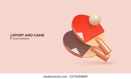 3d realistic Ping pong racket and ball. Realistic 3d design of sports elements Ball and Pinpong Rockets in cartoon minimal style. Vector illustration