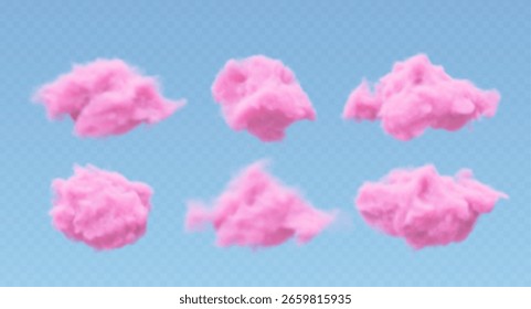 3D realistische rosafarbene Baumwollwolke auf transparentem Hintergrund. Flauschiger Vektorrauch.