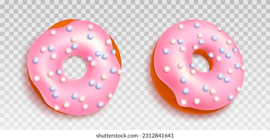 3d realistic pink donut isolated vector sweet icon illustration isolated on transparent background. Glaze on food dessert for part or breakfast. Fried delicious birthday icing bakery snack design