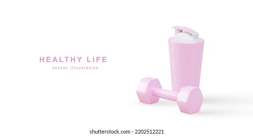 3d realistic pink dumbbell and shaker - gym time concept. Vector illustration.