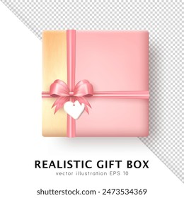 Caja de regalo rosa realista 3d con decoración dorada, etiqueta de la etiqueta y vista superior del arco de seda. Caricatura tridimensional presente paquete de envoltura con cinta aislada sobre fondo transparente. Vista desde arriba
