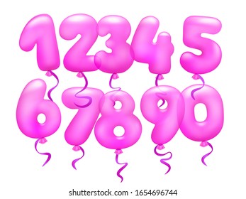 3d realistic pink letter balloons set. From 1 to 9 numeral alphabeth. Elements to decorate birthday card for girls. Vector collection