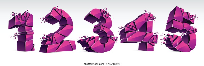 3D realistic pink numbers set 1 2 3 4 5 vector illustration, breaking to pieces digits over white symbols collection.