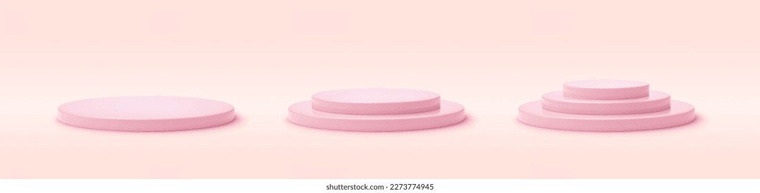 3d realistic pink plinth round base podium in pink studio display. Set minimal step stage platform for product display presentation, winner award. Pink podium mockup vector illustration