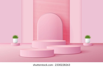 3d podio rosa realista con espacio de copia, espacio en blanco para la colocación del producto, visualización del producto, maquillaje. plantilla de vector