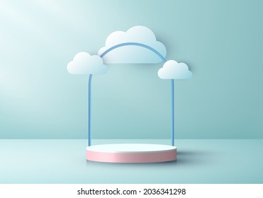 3D realistic pink podium pedestal cylinder with cloud paper cut style on green mint color stage background. You can use for award ceremony, product presentation, etc. Vector illustration