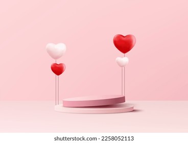 3D realistic pink podium platform pedestal stand decoration with red and pink balloon heart shape symbol on pink background. Valentine day for product display mockup showcase. Promotion sale. Vector