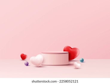 3D realistic pink podium platform pedestal stand decoration with red and pink heart shape symbol on pink background. Valentine day for product display mockup showcase. Promotion sale. Vector