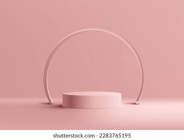 3D realistic pink podium stand with circle line backdrop minimal wall scene pink background. You can use for product presentation, cosmetic display beauty mockup, showcase, etc. Vector illustration