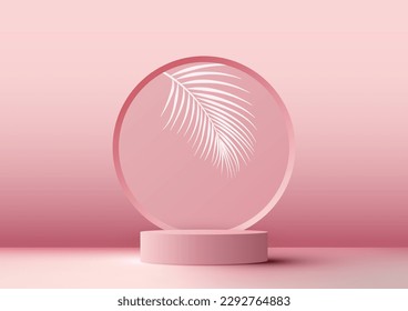 3D-realistisches rosa Podiumstall auf rosafarbenem Hintergrund mit kreisförmigem Hintergrund und tropischen Palmenblättern. Sie können für Produktpräsentationen, Kosmetikanzeigen, Präsentationen usw. verwenden