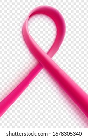 3D realistic pink ribbon isolated on transparent background. Decorative element, vector illustration.