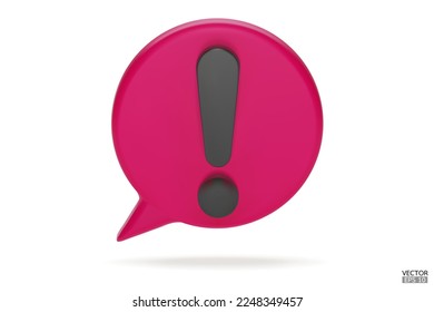 3d Signo de advertencia redondo rosado realista sobre fondo blanco. Signo de atención de advertencia de peligro. Burbuja del discurso con signo de exclamación. Icono de comentario. Peligro, alerta, ícono peligroso. Ilustración vectorial 3D.