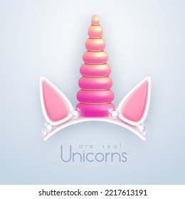 cuerno de unicornio rosa 3D realista aislado en fondo blanco. La decoración de los niños. Ilustración del vector