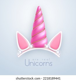 3D realistic pink unicorn horn isolated on white background. Children head decoration. Vector illustration