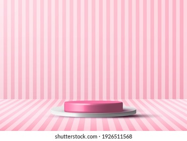 3D realistic pink and white rendering podium studio stage for display showcase with vertical lines pattern perspective background. Vector illustration