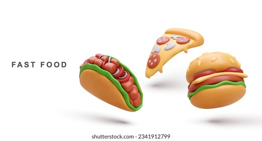 3d realistic Pizza, Hamburger and Taco on white background. Vector illustration.
