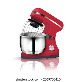 3D realistic planetary red mixer with reflection. Kitchen appliance for whipping, dough, cocktails, cream