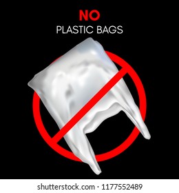 3D realistic plastic bag. No plastic bag sign. Red stop sign. 