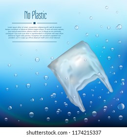 3D realistic plastic bag that pollutes the  ocean. Bubbles in the water with the waste. 