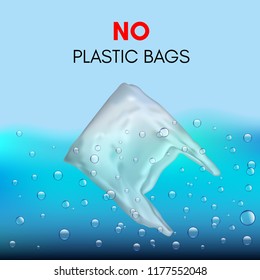 3D realistic plastic bag that swims in the water. No plastic bag sign. 