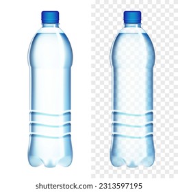 Botella De Plástico Realista 3D Con Agua Azul. Vector EPS10