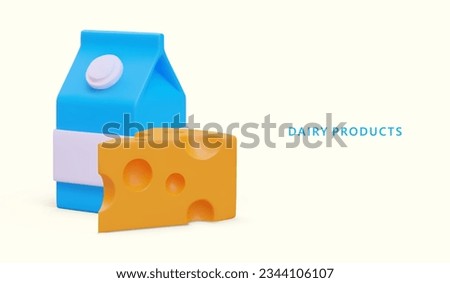 3d realistic plastic bottle with milk and piece of yellow cheese. Concept of dairy products. Natural food, milk products. Vector illustration with place for text