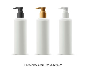 3d Realistic Plastic Bottle Set with Dispenser Pump for Liquid Soap, Oil, Gel, Lotion, Cream, Shampoo, Bath Foam and Other Cosmetics. Vector Illustration Isolated on White Background.