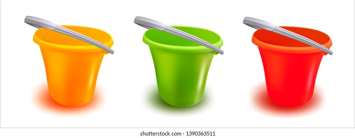 3d. Realistic Plastic Bucket on White background. Vector Set.