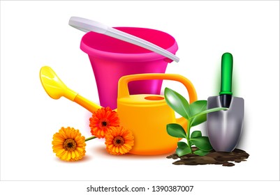 3d. Realistic Plastic Bucket.Realistic Vector Trowel - agricultural tool.Vector plant. Flower with green leaves, with a stem that goes into the ground. Seedling.Watering can.
