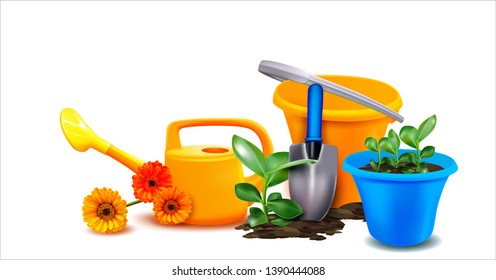 3d. Realistic Plastic Bucket.Realistic Vector Trowel - agricultural tool.Vector plant. Flower with green leaves, with a stem that goes into the ground. Seedling.Watering can.