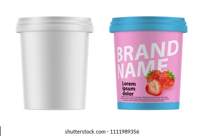 3d realistic plastic container for ice cream, yogurt, sour cream, dessert. Mock Up Ready For Your Design. Product Packing Vector EPS10. Example use ice cream from strawberries with realistic berries