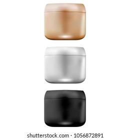 3d realistic plastic cream jars Mockup set in black, metallic white and gold color. Vector illustration.