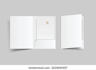 3D Realistic plastic credit card and pocket folder, open leaflet, bifold mockup isolated on background. Blank template design for online business and finance, technology payment, digital pay concept.