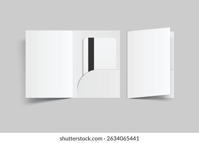3D Realistic plastic credit card and pocket folder, open leaflet, bifold mockup isolated on background. Blank template design for online business and finance, technology payment, digital pay concept.