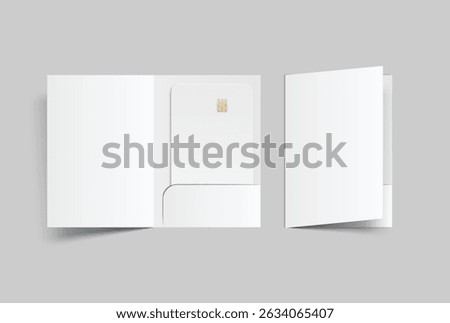 3D Realistic plastic credit card and pocket folder, open leaflet, bifold mockup isolated on background. Blank template design for online business and finance, technology payment, digital pay concept.