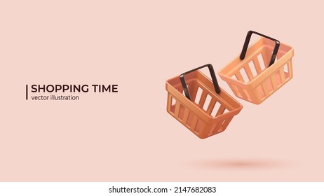 3d realistic plastic shopping cart. Empty shopping baskets on pink background in cartoon minimal style. Vector illustration