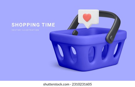 3d realistic plastic shopping cart with social icon isolated on blue background. Vector illustration