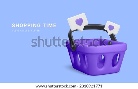 3d realistic plastic shopping cart with social icons isolated on blue background. Vector illustration